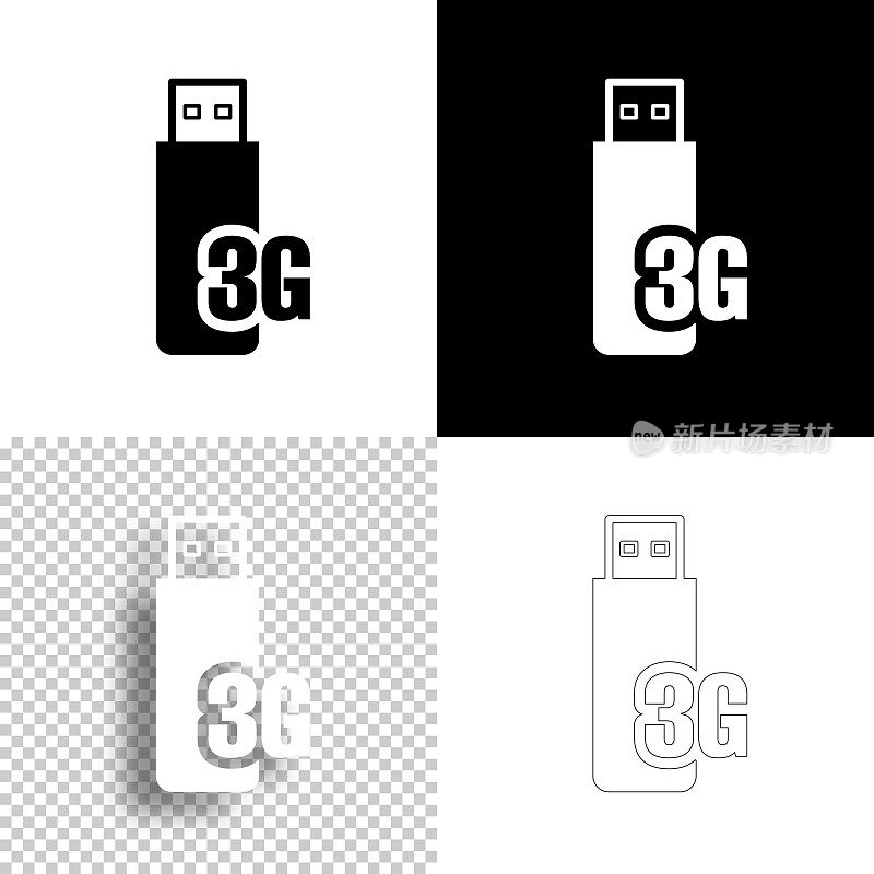 3 g USB调制解调器。图标设计。空白，白色和黑色背景-线图标